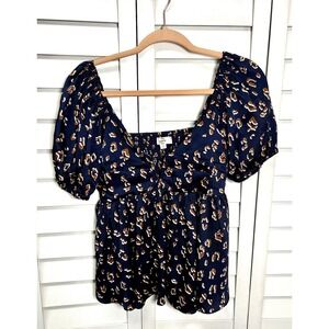 Navy Leopard Print Puff Sleeve Peplum Top